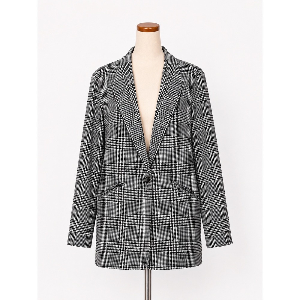 Susan Graver Womens Petite Medium Glen Plaid Single Button Blazer Black White